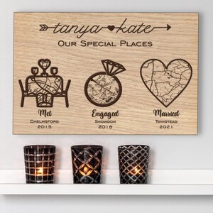 Unsere besonderen Orte personalisiert Met, Verlobte & Verheiratete Landkartentafel für Ihr Zuhause, Hochzeitsgeschenk, Geschenk für Paare, Jubiläumsgeschenk, Maßgeschneidert