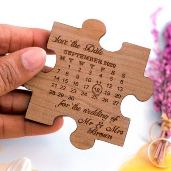 Personalised Rustic Wooden Engraved Save the Date Invitation - Jigsaw Puzzle Piece- Magnet and Envelope Included - Wedding Invitations