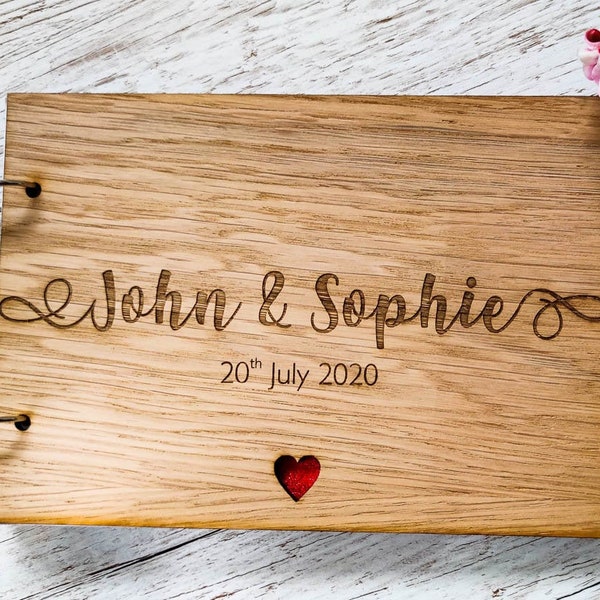 Personalised A4 Wooden Engraved Wedding Guestbook / Couples Memory Book - Name and Heart Simple Minimalist Rustic Scrapbook - Reception Gift