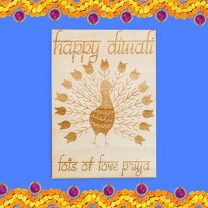 Personalised Engraved Wooden Diwali Card Peacock Design