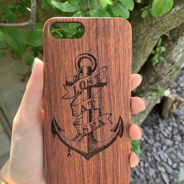 Walnut Wooden Phone Case Anchor Design iPhone 5 / 6 / 7 / 8 / 6+ / 7+ / 8+ / SE2020, Samsung Galaxy S7 / S7Edge / S8 / S8+ / S9 / S9+