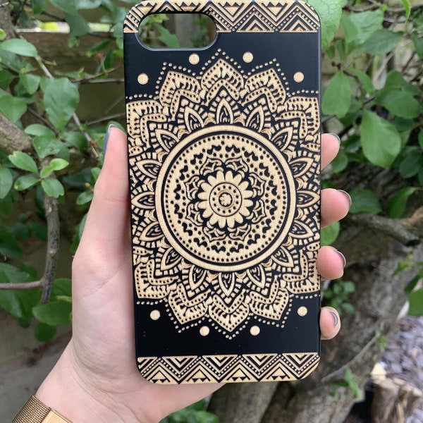 Black Maple Wooden Phone Case Flower Mandala iPhone 5 / 6 / 7 / 8 / 6+ / 7+ / 8+ / SE2020, Samsung Galaxy S7 / S7Edge / S8 / S8+ / S9 / S9+