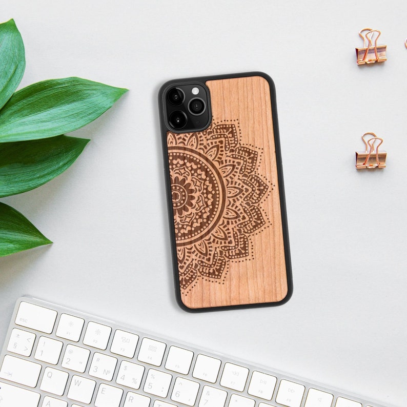 Personalised Wooden Phone Case with Half Mandala Design - iPhone, Samsung, Google Pixel, Huawei - Eco Friendly Gift 