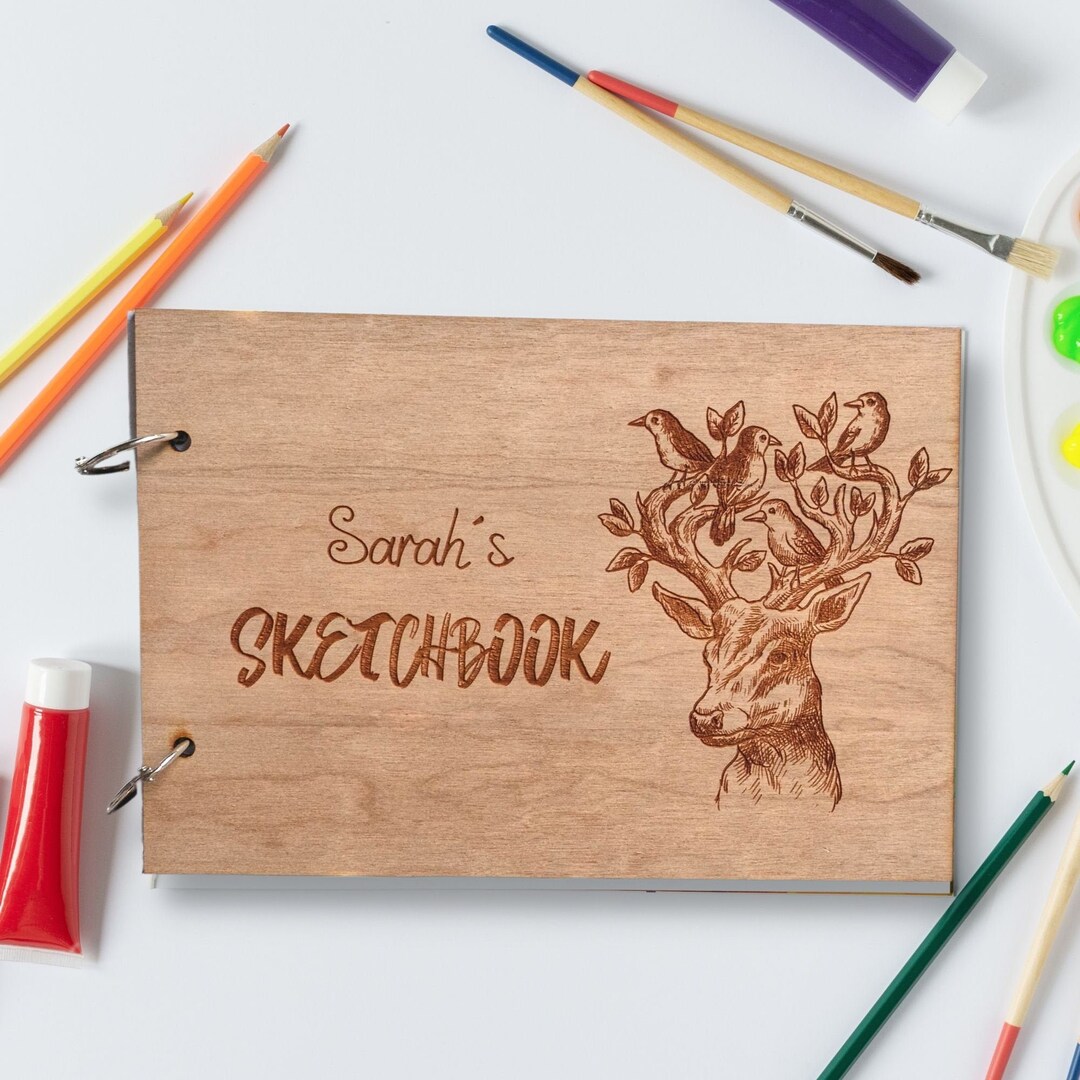 Personalised A4 Wooden Sketchbook Engraved/ Deer Birds / Photo Album