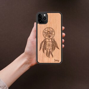 Personalised Wooden Phone Case with Dreamcatcher Bee Design iPhone 12 11, Samsung S21 S20, Google Pixel 5, Huawei Eco Friendly Gift image 2