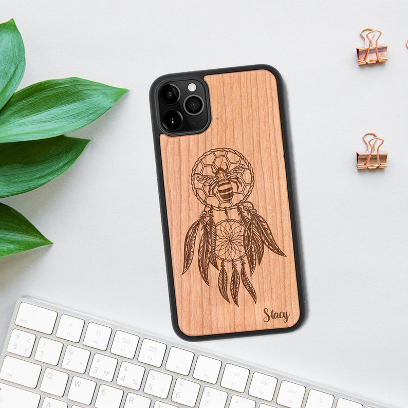 Personalised Wooden Phone Case with Dreamcatcher Bee Design iPhone 12 11, Samsung S21 S20, Google Pixel 5, Huawei Eco Friendly Gift image 1