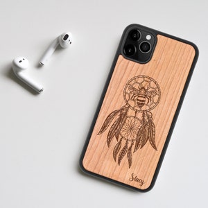 Personalised Wooden Phone Case with Dreamcatcher Bee Design iPhone 12 11, Samsung S21 S20, Google Pixel 5, Huawei Eco Friendly Gift image 4