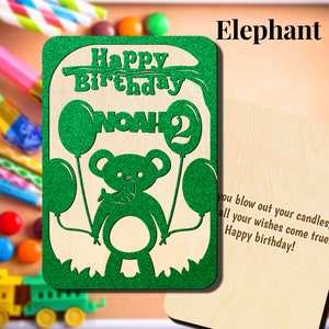 Personalised Wooden Glitter Children&#39;s Birthday Card Cute Animal Theme. 1st, 2nd, 3rd, 4th, 5th Birthdays Girl Boy Birthday Greetings Card