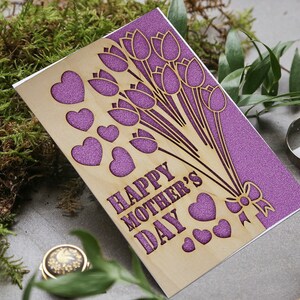 Tarjeta de madera Happy Mother's Day con respaldo de purpurina Tarjeta única A6 A5 con sobre Tarjeta ecológica Tarjeta de regalo Tarjeta de regalo de recuerdo del Día de la Madre