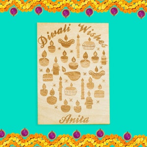 Personalised Engraved Wooden Diwali Card Candles Design