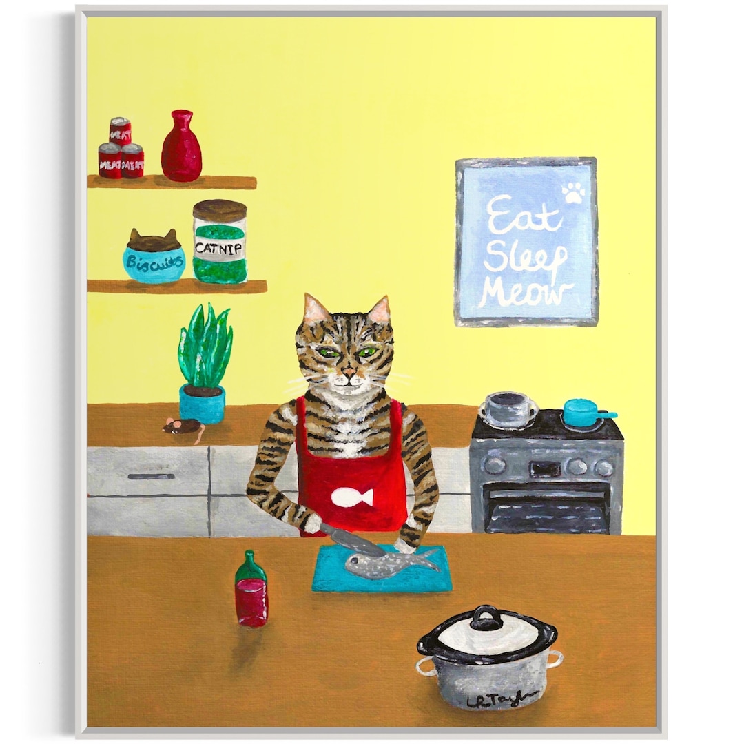 Tabby Cat in the Kitchen Art Print, Whimsy Cat Illustration, Funny Cat