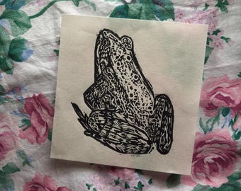 green frog (lithobates clamitans) 6x6 linocut art print - hand printed on mulberry paper