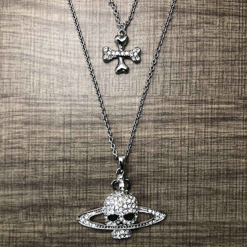 Vivienne Westwood Skull and Bones necklace,Silver/Gold Planet Choker, Silver Orb choker, PlanetNecklace, Saturn Orb Necklace, Skeleton 