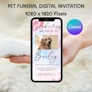 May include: A digital pet funeral invitation on a smartphone screen. The invitation reads "Celebrating the Life of Bailey" with a photo of a golden retriever. The text includes dates, a memorial service announcement, and the location: St. Mark's Community Church, NY.