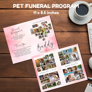 Modello commemorativo per cani con collage a forma di cuore rosa - Programma funebre modificabile Canva e invito per la perdita di un animale domestico