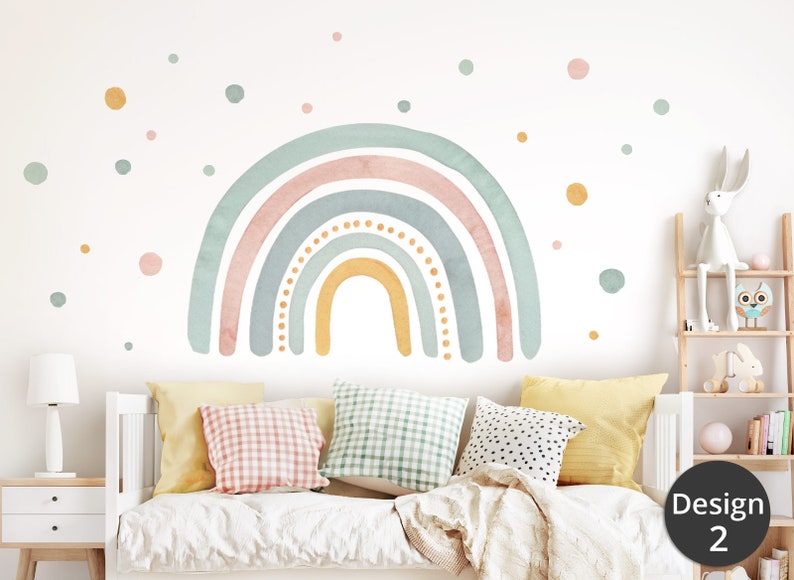 Regenbogen XXL Wandsticker für Kinderzimmer Aquarell Punkte Wandtattoo für Babyzimmer Boho Wandaufkleber Herzen Deko selbstklebend DL5013 Bild 2