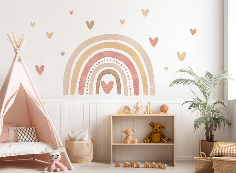 Boho regenboog muursticker aquarel voor kinderkamer muursticker voor babykamer harten muursticker slaapkamer zelfklevende decoratie DL5008 afbeelding 1