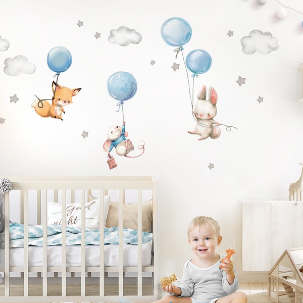 Wandtattoo Babyzimmer Fuchs Maus und Hase mit Luftballon Aufkleber Kinderzimmer Junge Wandsticker Sterne Wolken Baby blau DL611