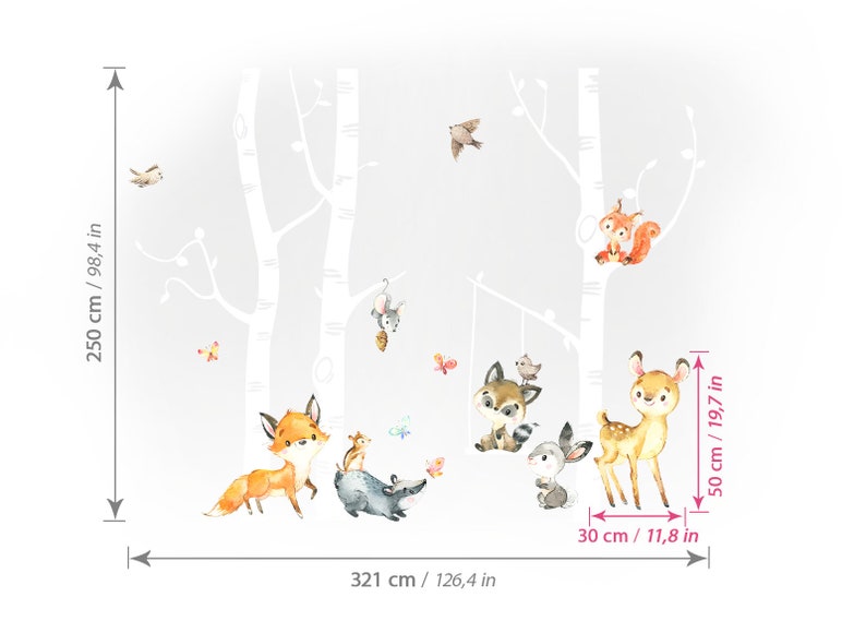 Wandtattoo Kinderzimmer - Niedliche Wald Tiere Höhenmesser Dekor Für Mädchen & Jungen