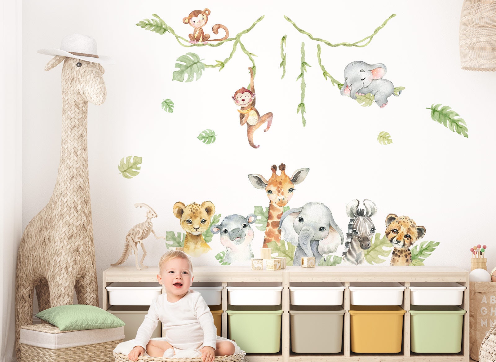 Stickers muraux enfants - Decoration chambre bébé - Stickers muraux enfant  - Sticker mural Animaux attendrissants de la jungle - Autocollant mural  enfant - H60x L80 cm : : Cuisine et Maison