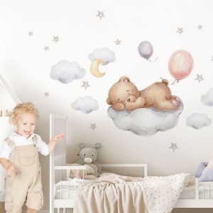 Teddy bear on the cloud wall sticker for baby room bear stars moon wall sticker children's room wall sticker DL832