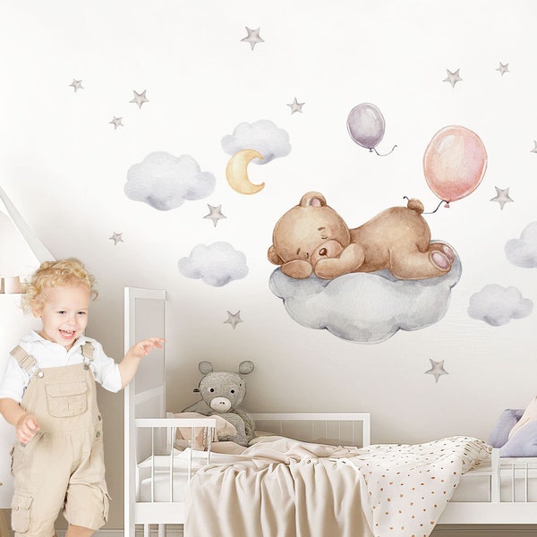 Teddy bear on the cloud wall sticker for baby room bear stars moon wall sticker children's room wall sticker DL832