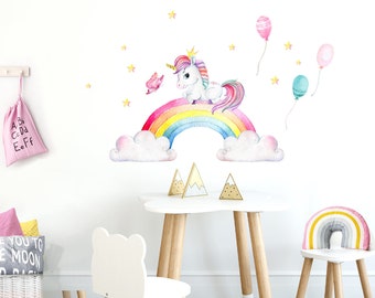 Wandaufkleber Mädchenzimmer Einhorn mit Regenbogen Sterne Wandtattoo Kinderzimmer Wandsticker Babyzimmer Aufkleber DL535