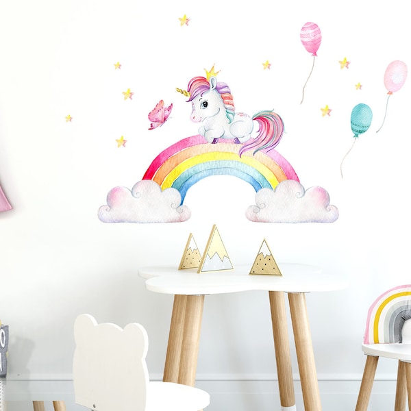 Sticker mural Chambre de fille Licorne avec étoiles arc-en-ciel Décalque murale Chambre d’enfants Autocollant mural Autocollant de chambre de bébé DL535