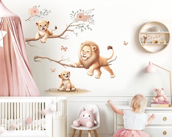 Ensemble de stickers muraux animaux safari pour chambre d'enfant - Branche de lion - Autocollant mural pour chambre de bébé - Autocollant mural bohème - Décoration de chambre à coucher - DL5031