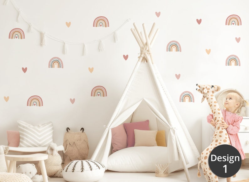 Wandtattoo viele Regenbogen Set Wandsticker für Kinderzimmer Boho Herzen Wandaufkleber für Babyzimmer Deko selbstklebend DL997 Bild 2