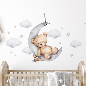 Bär auf dem Mond Wandtattoo für Kinderzimmer Teddybär mit Sterne Wandsticker Babyzimmer Deko DL831 Bild 1