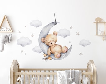 Bär auf dem Mond Wandtattoo für Kinderzimmer Teddybär mit Sterne Wandsticker Babyzimmer Deko DL831