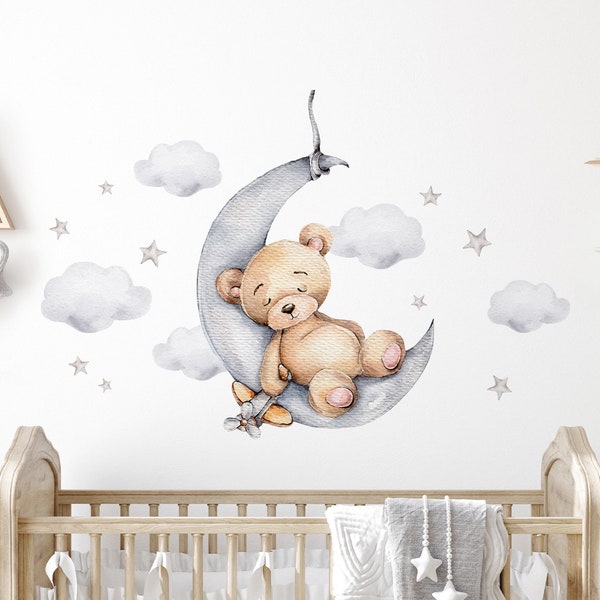 Bär auf dem Mond Wandtattoo für Kinderzimmer Teddybär mit Sterne Wandsticker Babyzimmer Deko DL831