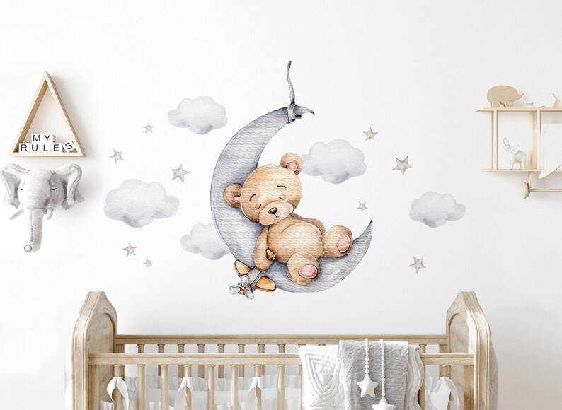 Bear on the moon wall sticker for children's room teddy bear with stars wall sticker baby room decoration DL831 image 1