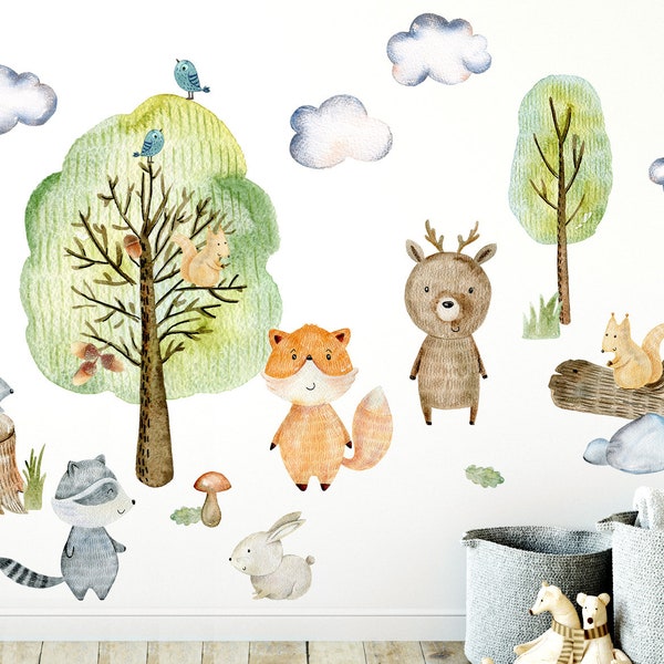 Calcomanía de pared Animales del bosque con árboles Setas y pegatinas de pared de hierba Habitación del bebé Pegatina de pared autoadhesiva Habitación para niños Niño DL450