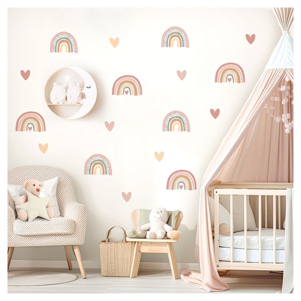 Wandtattoo viele Regenbogen Set Wandsticker für Kinderzimmer Boho Herzen Wandaufkleber für Babyzimmer Deko selbstklebend DL997