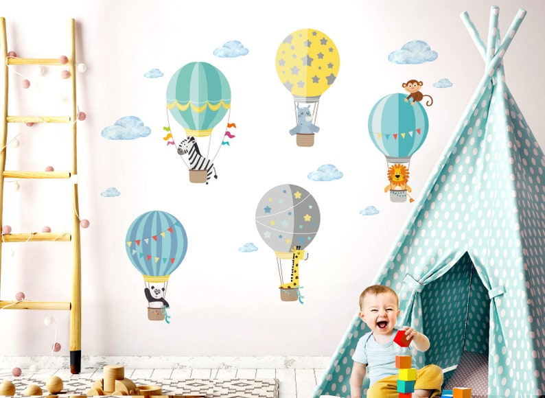 Autocollants muraux animaux du zoo en montgolfière, autocollants muraux pour chambre d'enfant, décoration d'animaux pour garçons, chambre de bébé, garçon, DL217 image 1