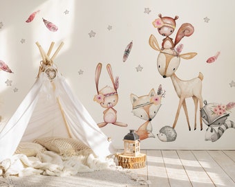 Wall decal forest animals with stars & feathers deer wall sticker girl wall sticker children's room decoration sticker DL488
