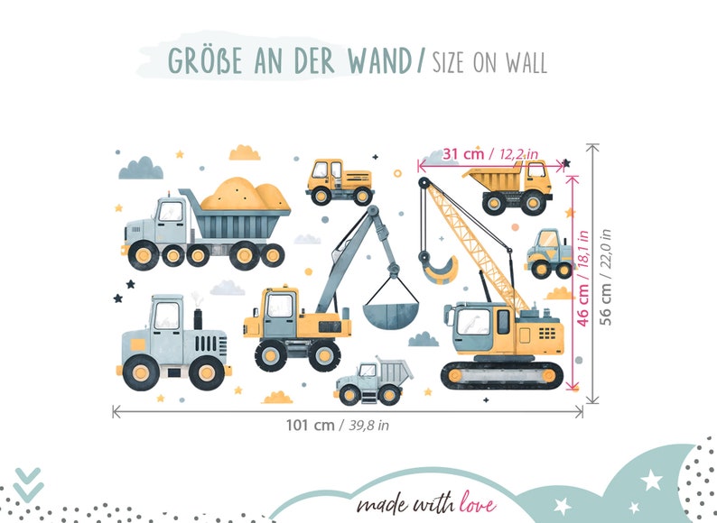 Wandsticker Bagger Fahrzeuge Set Wandtattoo für Kinderzimmer Baustelle Wandaufkleber für Babyzimmer Junge Wanddeko DL5046 Bild 2