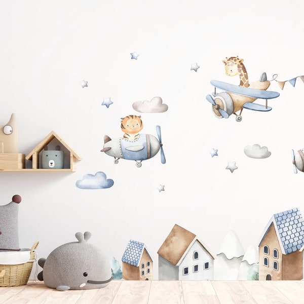 Safari Animals in the Airplane Wall Sticker Baby Nursery Wall Decal House Stars Wall Sticker Decoration DL836