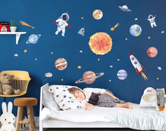 Autocollant mural système solaire avec planètes soleil vaisseau spatial autocollant mural pour chambre d'enfant avec austronaute et fusée DL700