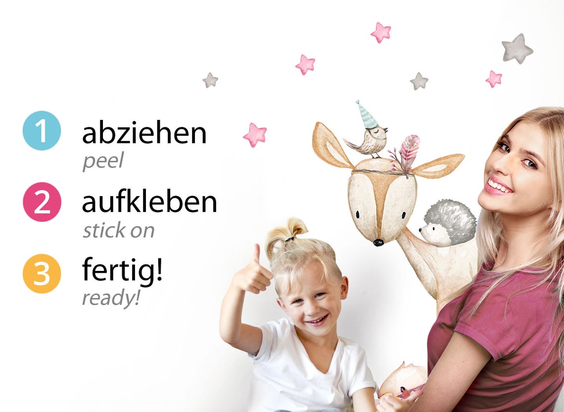 Wandtattoo Babyzimmer Elefant und Hase mit Mond und