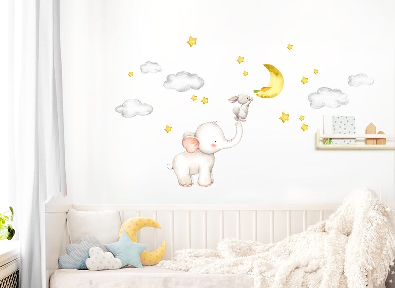 Wandtattoo Babyzimmer Elefant und Hase mit Mond und