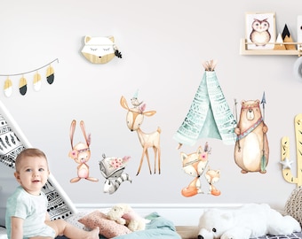 Autocollants animaux de la forêt et ours avec arc et flèche, autocollant mural pour tente, autocollant mural pour enfants, décoration de chambre d'enfant, chambre de bébé DL490