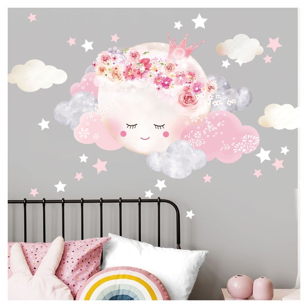 Wall Decal Children's Room Girl Moon with Crown & Clouds Wall Sticker Baby Room Self-adhesive Baby Wall Sticker Stars Children DL447