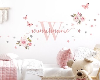Wall sticker self-adhesive girls room roses with desired name sticker children's room wall sticker stars wall sticker butterflies DL747