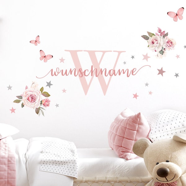 Wandtattoo selbsklebend Mädchenzimmer Rosen mit Wunschname Aufkleber Kinderzimmer Wandsticker Sterne Wandaufkleber Schmetterlinge DL747