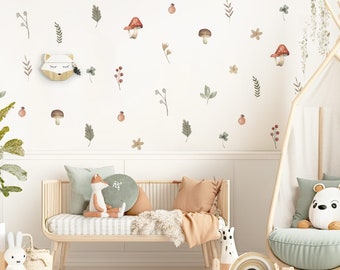 Autocollant mural fleurs bohème pour chambre d'enfant, ensemble de fleurs, autocollant mural pour chambre de bébé, feuilles de champignons, autocollant mural, décoration pastel DL999