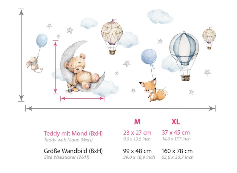 Bär auf Mond Wandsticker Tiere für Babyzimmer Wandtattoo Heißluftballon für Kinderzimmer Wandaufkleber Deko selbstklebend DL850 Bild 2