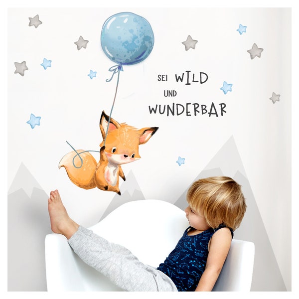 Aufkleber Spruch sei wild & Fuchs Wandbild Luftballon Wandtattoo Kinderzimmer Junge Tiere Deko Babyzimmer Kinder DL316
